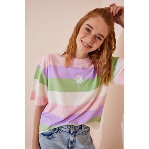 Happiness İstanbul Women's Pink Green Floral Embroidery Striped Cotton Knitted T-Shirt