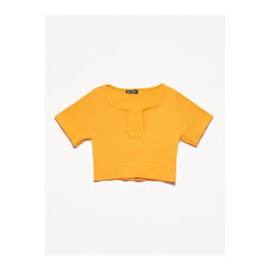 Dilvin Neck Detailed Crop Top-orange 3687