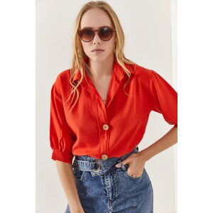 Olalook Women's Orange Wooden Buttoned Three Quarter Sleeve Linen Shirt