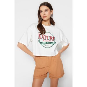 Trendyol White 100% Cotton Printed Relaxed/Wide, Comfortable Cut Crop Crew Neck Knitted T-Shirt