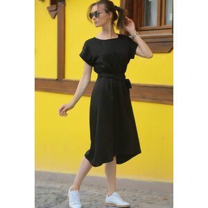 armonika Women's Black Dress with Elastic Waist and Tie