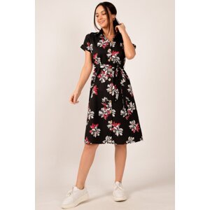 armonika Women's Black Big Floral Short Sleeve Shirt Dress with Belted Waist