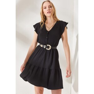 Olalook Women's Black Mini Dress with Frilled Buttons and Elastic Waist