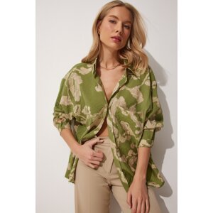 Happiness İstanbul Women's Green Patterned Oversized Cotton Satin Shirt