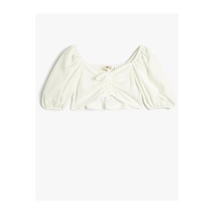 Koton Crop T-Shirt with Shirling Front Short Balloon Sleeves Textured.