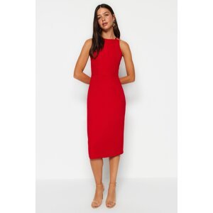 Trendyol Red Body-Sitting Midi Woven Dress with Accessory Collar Detail