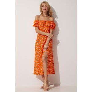 Štěstí İstanbul Dámské oranžové Carmen límec Květinové letní viskózové šaty