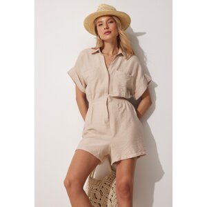 Happiness İstanbul Women's Light Beige Ayrobin Viscose Jumpsuit with Shorts