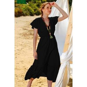 Trend Alaçatı Stili Women's Black Striped Double Breasted Collar Maxi Length Crinkle Dress