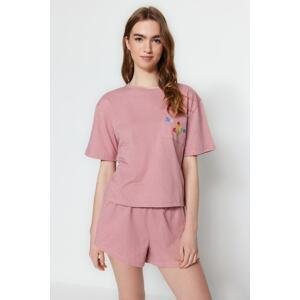 Trendyol Pink 100% Cotton Motto Printed T-shirt - Shorts Knitted Pajamas Set