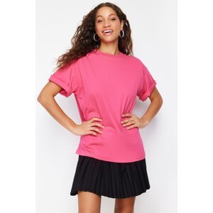 Trendyol Fuchsia 100% Cotton Oversize/Wide Mold Crew Neck Knitted T-Shirt