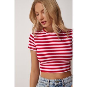 Happiness İstanbul Women's Red White Striped Crop Knitted T-Shirt