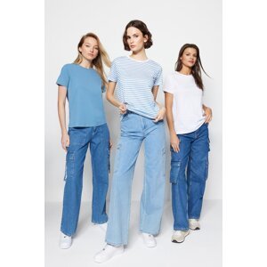 Trendyol White-Blue-Blue Striped 3-Pack Basic Crew Neck Knitted T-Shirt