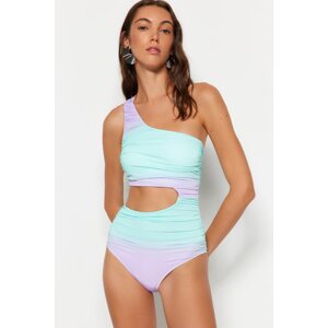 Trendyol Gradient Patterned One-Shoulder Draped High Leg Regular Swimsuit