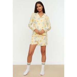 Trendyol Yellow Rabbit Pattern Viscose Shirt-Shorts Woven Pajamas Set