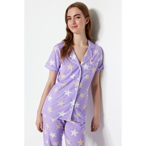 Trendyol Lilac Cotton Starry Shirt-Pants Knitted Pajamas Set