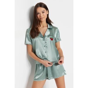 Trendyol Mint Embroidered Satin Shirt-Short Woven Pajamas Set