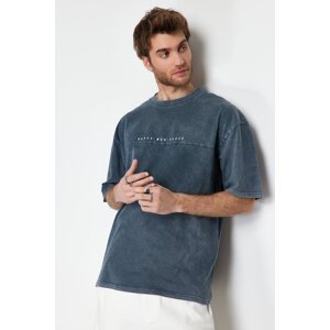 Trendyol Anthracite Men's Oversize/Wide Cut Pale Effect Text Printed 100% Cotton T-Shirt