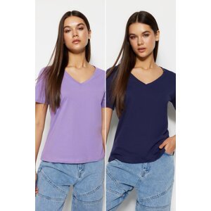 Trendyol Navy Blue-Lilac 100% Cotton 2-Pack Basic V-Neck Knitted T-Shirt