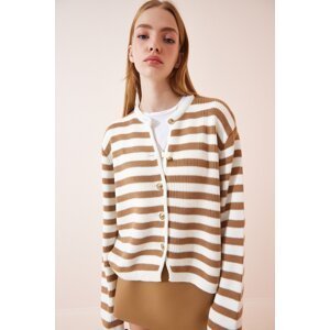 Happiness İstanbul Women's Ecru Biscuit Padded Striped Knitwear Cardigan