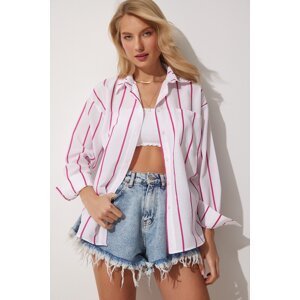 Happiness İstanbul Women's Pink White Striped Oversize Long Cotton Shirt