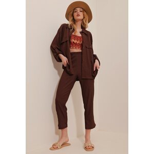 Trend Alaçatı Stili Women's Brown Polo Collar Double Seekers Set