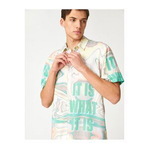 Koton Summer Shirt with an Abstract Print Slogan Detailed Classic Collar