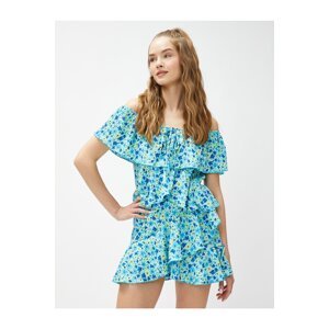 Koton Floral Jumpsuit With Off-the-Shoulder Frilly Tie Detail
