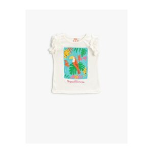Koton Ruffled Sleeves T-Shirt T-Shirt with Parrot Print Embroidered Cotton
