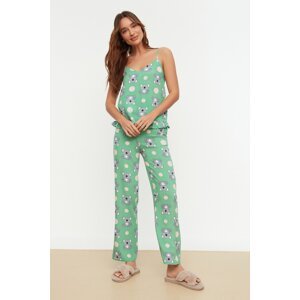 Trendyol Green Koala Pattern Frilly Viscose Tank Top-Pants Woven Pajamas Set