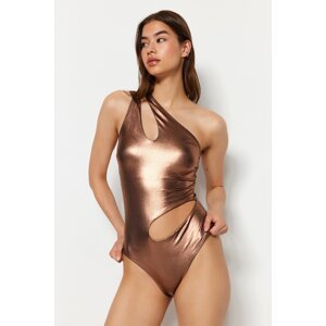 Trendyol bronzové lesklé lakované tištěné plavky s normálními nohami