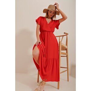 Trend Alaçatı Stili Women's Pomegranate Flower Double Breasted Collar Maxi Length Crinkle Dress