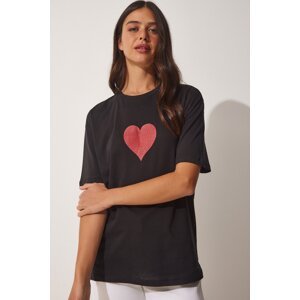 Happiness İstanbul Women's Black Sparkling Heart Printed Oversized Knitted T-Shirt