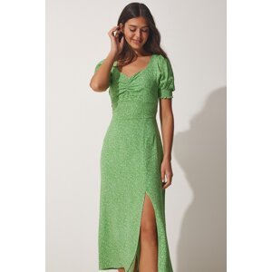 Štěstí İstanbul Dámské zelené plisované srdcový výstřih viskózové letní šaty