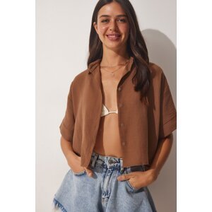 Happiness İstanbul Women's Brown Linen Crop Shirt