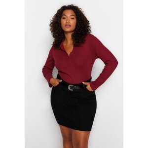 Trendyol Curve Burgundy Fitted Ribbed Shirt Collar Snap Snap Knitted Bodysuit
