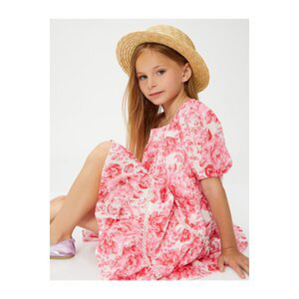 Koton Mini Floral Dress With Short Balloon Sleeves Square Neck Lined.