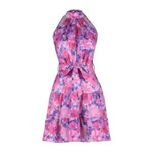 Trendyol Fuchsia Floral Print Halter Neck A-line Satin Mini Woven Dress