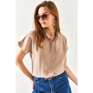 Olalook Women's Milk Coffee Bat Oversize Linen Shirt