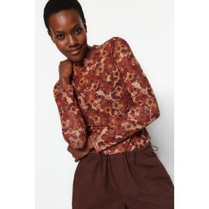 Trendyol Brown High Neck Printed Fitted/Situated Tulle Knitted Blouse