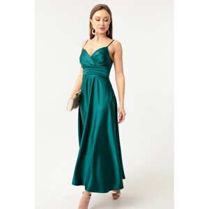 Lafaba Dámské smaragdově zelené lano popruh pas pás pás satén midi večerní šaty a promoční šaty