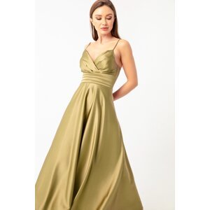 Lafaba Women's Oil Green Satin Midi Evening Dress & Prom Dress with Rope Straps and Waist Belt.