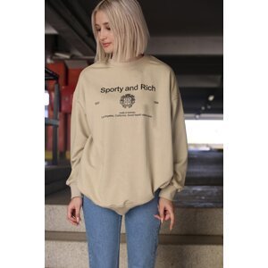Madmext Women's Beige Crew Neck Printed Oversized Sweatshirt