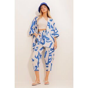 Trend Alaçatı Stili Women's Sax-patterned Baggy Pants And Kimono Set