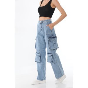BİKELİFE Blue High Waist Multi-Pocket Straight Fit Cargo Pants