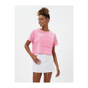 Koton College T-Shirt with Slogan Embossed Crew Neck Short Sleeves.