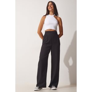 Happiness İstanbul Women's Black Flowy Linen Trousers with a hook and loop fastening