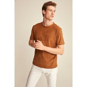 GRIMELANGE ENZO Pánské hnědé semišové tričko Basic Slim Fit