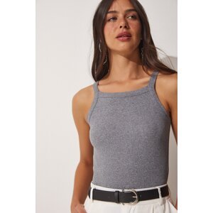 Happiness İstanbul Women's Gray Corduroy Crop Halterneck Knitted Singlets