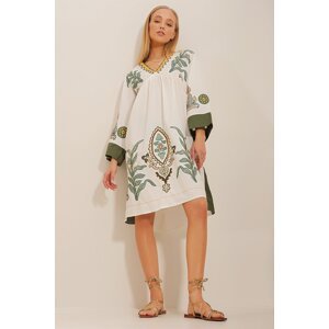 Trend Alaçatı Stili Women's Ecru V-Neck Embroidered Raw Linen Dress